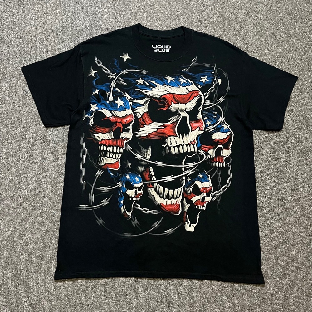 Liquid Blue Patriotic Skulls Barbed Wire T-Shirt Mens Large Black 2007 Graphic